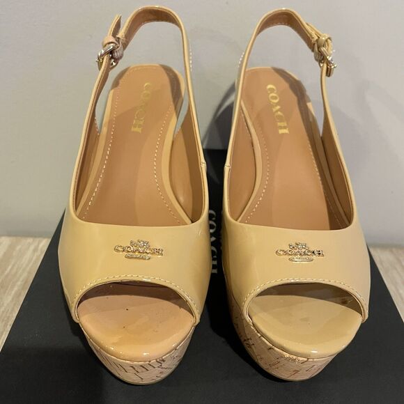 COACH Women's Tan Ferry Patent Shell Slingback Wedge Peep Toe Heels Shoes Size 7 - Picture 2 of 14
